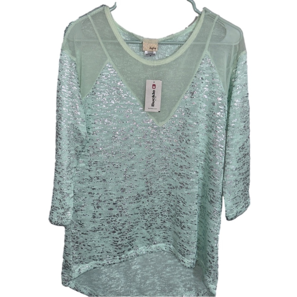 Buckle Mint Green Sheer Sequin Knit Top